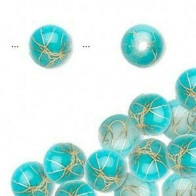 50 Turquoise Blue with Gold Swirls 10mm Round Retro Fancy Beads