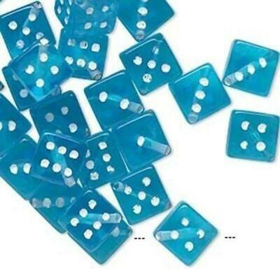 50 Transparent Turquoise Blue 11mm Square Diagonal Cube Dice Beads White Dots