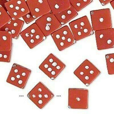 50 Red Retro 11mm Square Diagonal Cube Dice Game Beads With White Dots