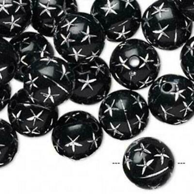 10 Retro Black & Silver Stars 12mm Round Acrylic Beads