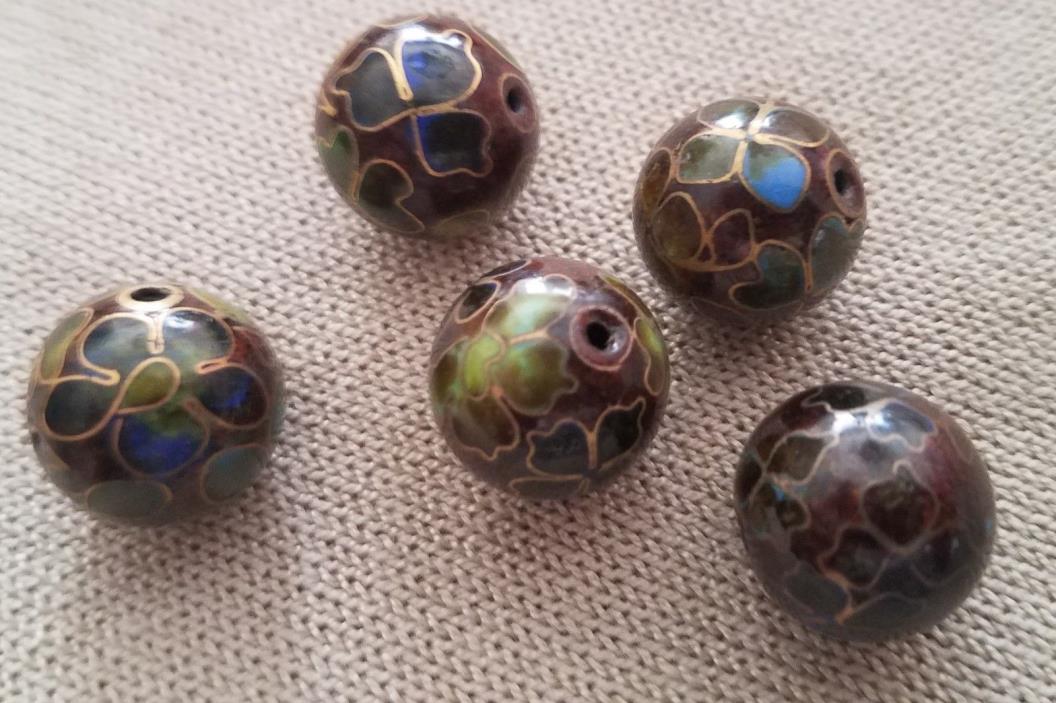 Vintage 12 MM Chinese Cloisonne Beads Round Brown w/ Flowers (20 beads)