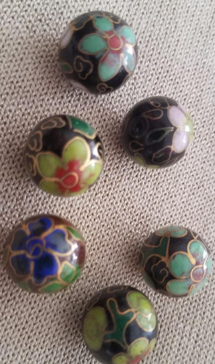 Vintage 14 MM Chinese Cloisonne Beads Round Black w/ Flowers (20 beads)