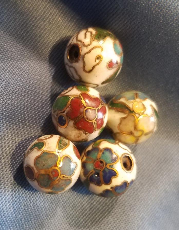 Vintage 10 MM Chinese Cloisonne Beads Round  White w/ Flowers (20 beads)