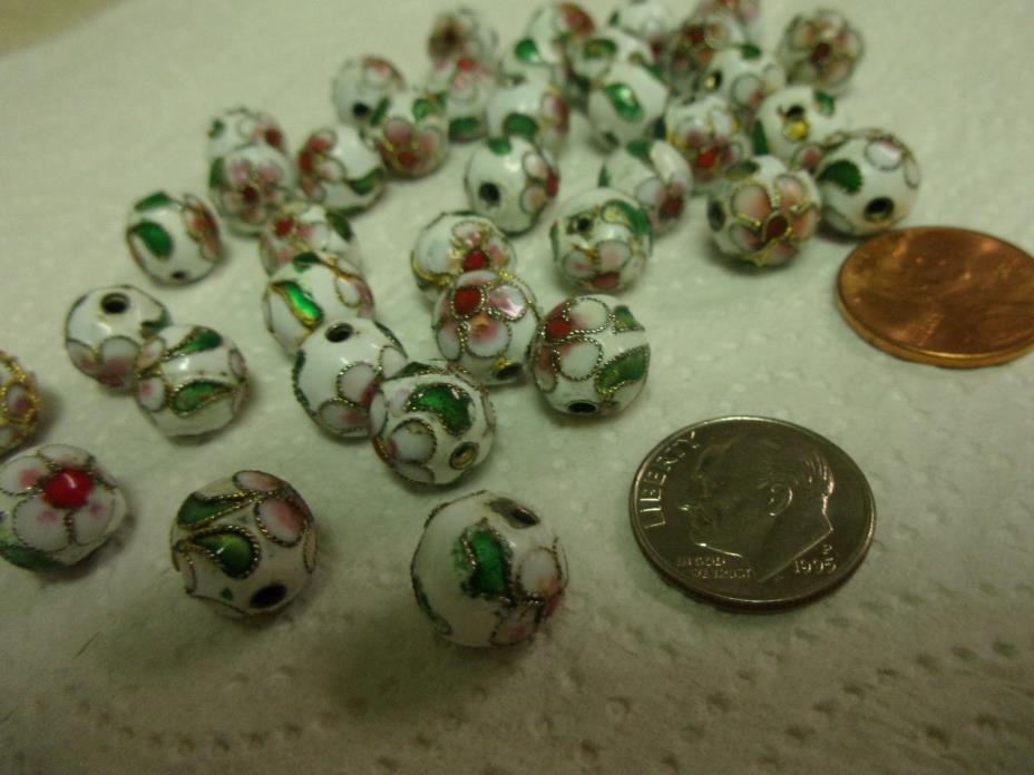 Vintage Lot Of 38 Cloisonne Round Enamel Beads White Red Green Pink