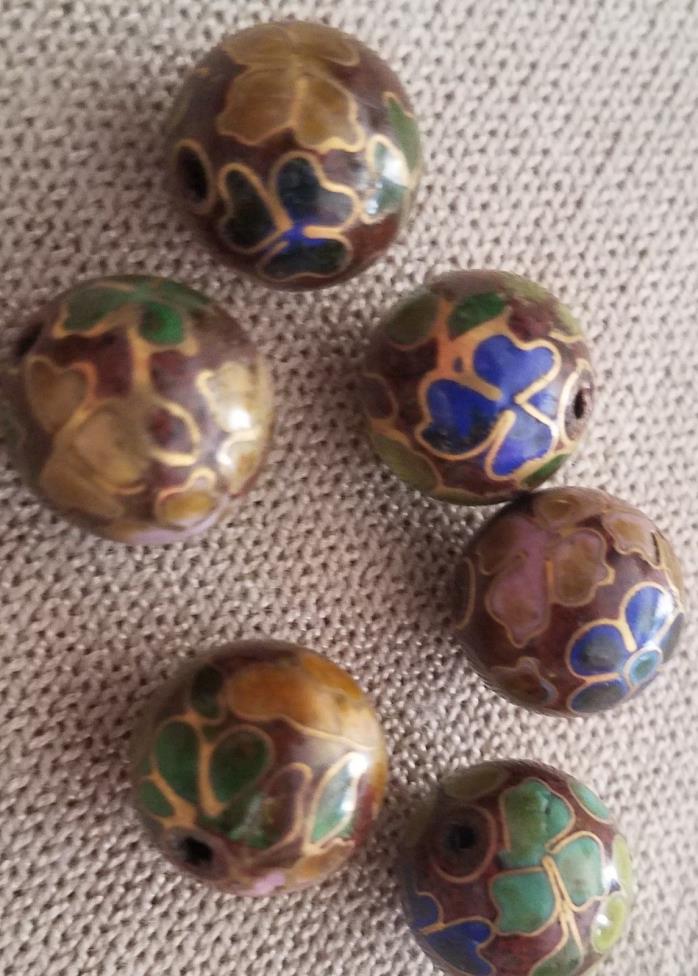 Vintage 14 MM Chinese Cloisonne Beads Round Brown w/ Flowers (20 beads)