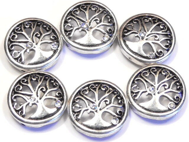 6 - 2 HOLE SLIDER BEADS SILVER ROUND CURLED BRANCH CLEAR CRYSTAL TREE OF LIFE