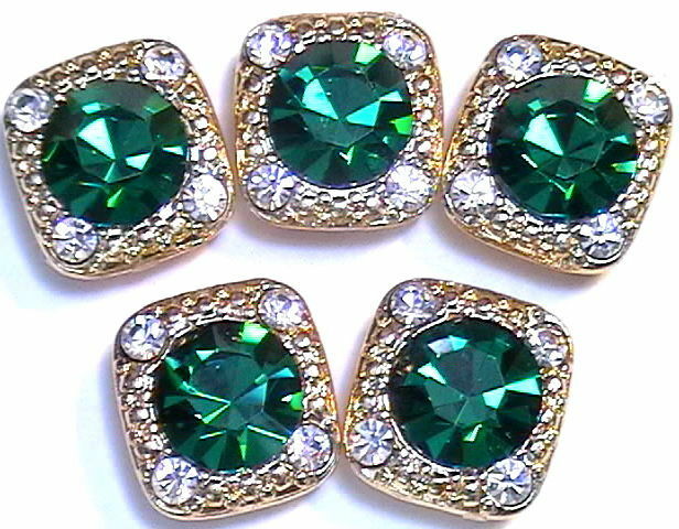 5 - 2 HOLE SLIDER OR SPACER BEADS 8mm EMERALD & 2mm CLEAR AUSTRIAN CRYSTALS