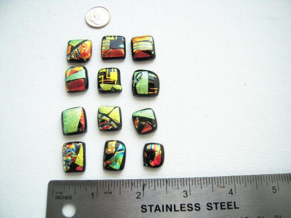 Handcrafted Lot Of 12  pcs square DICHROIC FUSED GLASS CABOCHONS