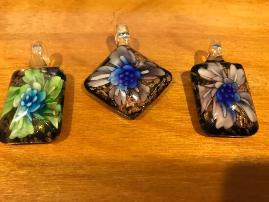 LOT of Three Dichroic Fused Glassllll Pendants With Glass Bales
