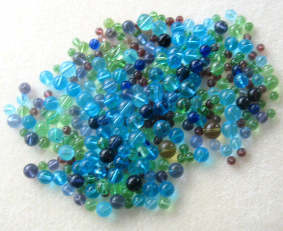 Glass Bead Soup Mix, Jewelry Making Beads, Blue Green Purple Amber, Round  Beads