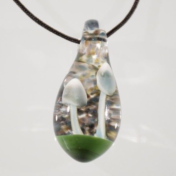 Double White Mushrooms Blu/Green Glass Bead Pendant Handmade Artisan Necklace #3