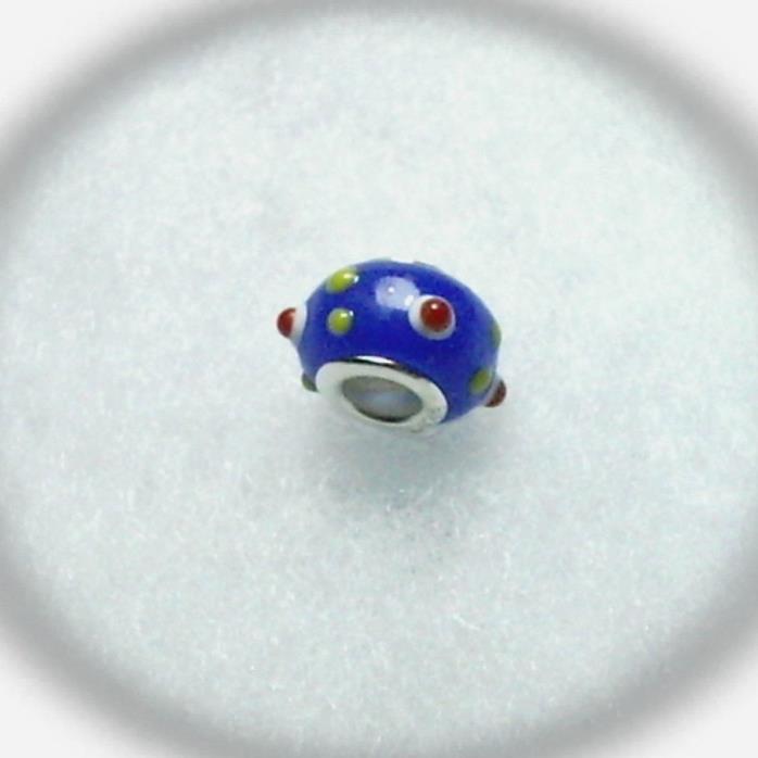 Lampwork Glass Bead Blue Yellow Red and White with 925 Sterling Silver Grommet