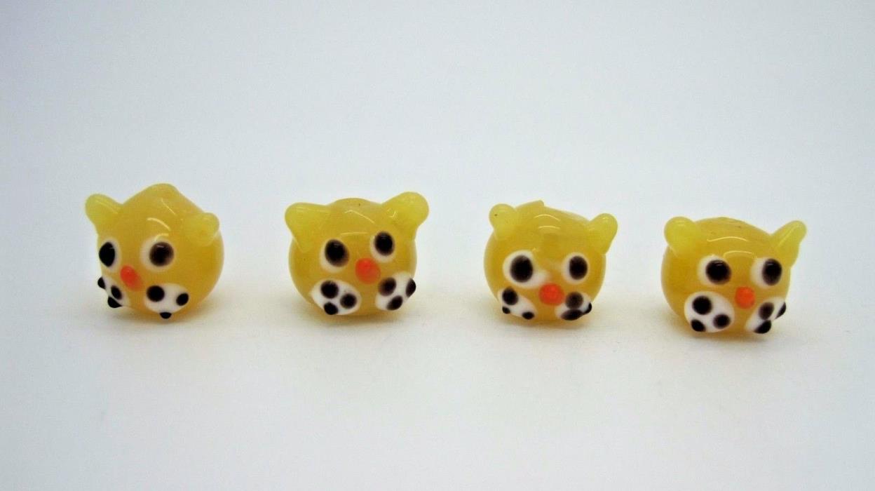 Yellow 13mm Round Kitty Cat Head Unique Lampwork Glass Beads 4pc