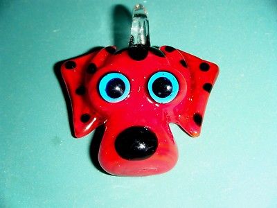 LAMP WORK GLASS PUPPY DOG FOCAL PENDANT RED W. BLACK SPOTS & TURQUOISE BLUE EYES