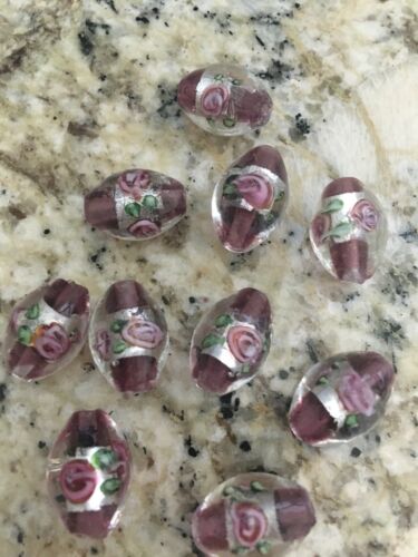 LAMPWORK Glass BEADS Purple with Pink Flower, Oval EASTER EGG 16mm, 10 pieces