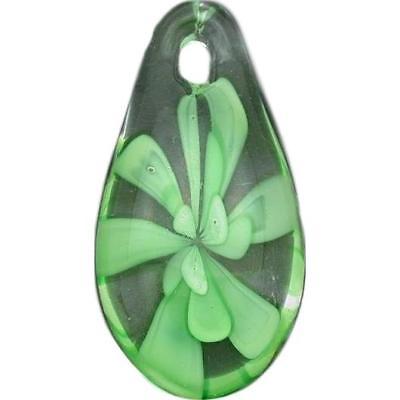 Green Lampwork Glass Pendant Bead Teardrop Flower