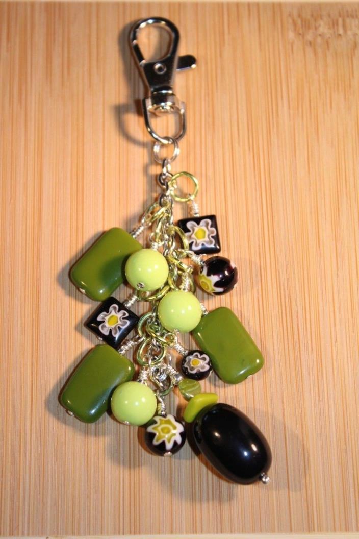 Purse Charm Czech glass beads, Millefiori beads, Lucite bead Green Black White
