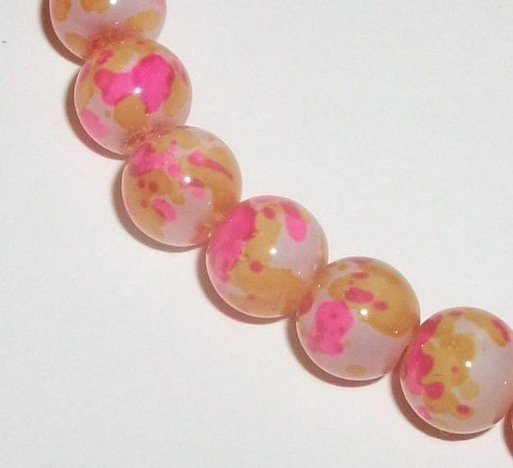 8mm Glass round beads Hot pink brown white spotted beads 1 strand  50 beads