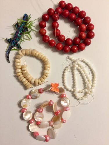 Red Coral, Shell, Freshwater Pearl Natural- 4 Strand, Mix Size, Shape