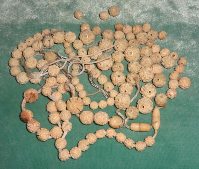 Vintage Lot Ivory Colored Carved Bovine Puzzle Ball Beads for Jewelry Making