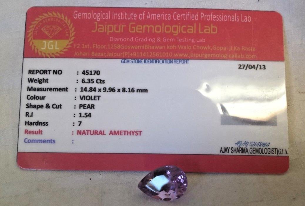 JGL Certified 6.35 Ct Natural Superb Pear Cut Violet Amethyst Gemstone Authentic
