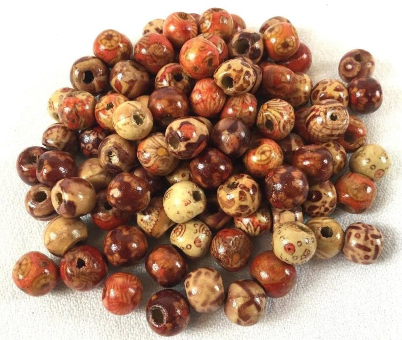 10mm Round Wood Craft Beads Mixed Brown-Orange Color Flower Pattern 100pcs.
