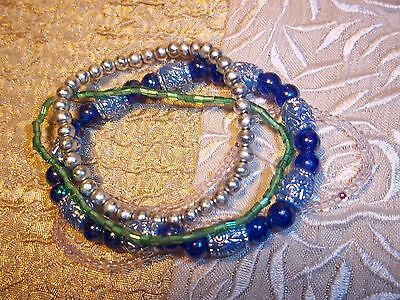 SET of 4 Hand Crafted KIDS Stretch Blue, Silver and Green Bracelets K-54