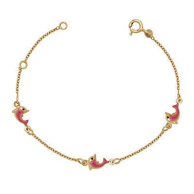 14K Yellow Gold Enameled Pink Dolphin Bracelet for Baby Toddler and Little Girls