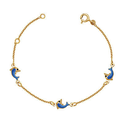 14K Yellow Gold Blue Enameled Dolphin Bracelet for Baby Toddler and Little Girls