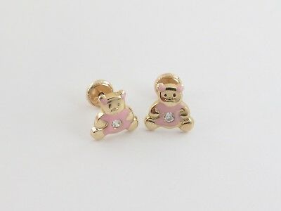 14k Yellow Gold Children's Teddy Bear Stud Earrings Screw Back