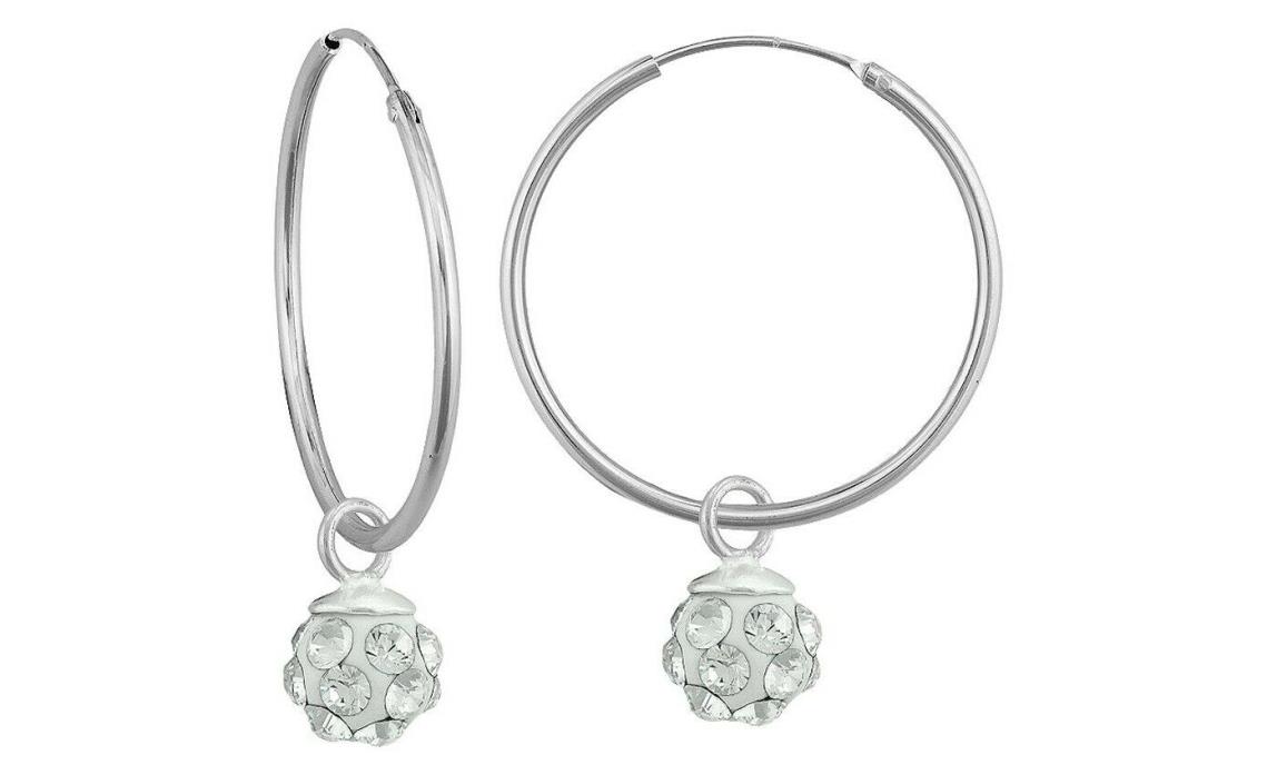 Girls' Sterling Silver Hoop with Crystal Ball Dangle Earring-4.5Mm-Clear
