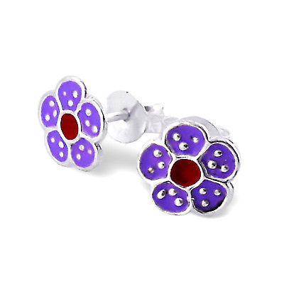 Children's Purple Flower Earrings in Sterling Silver