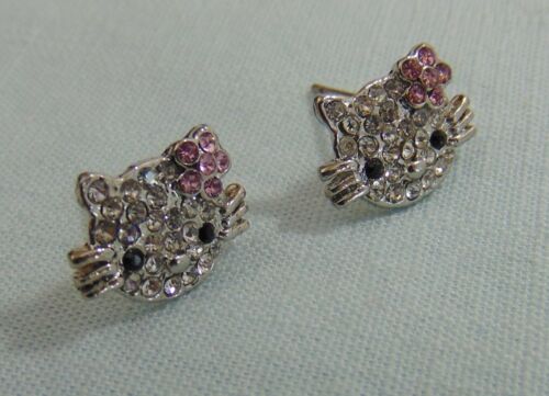 Adorable Tiny Hello Kitty Post Stud Earrings Pink Flower Rhinestone US Seller