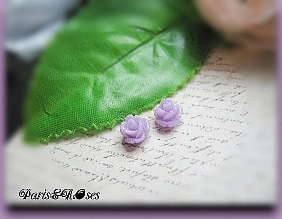 Rose Earrings studs MINIATURE Flowers GLITTERED LIGHT PURPLE Tiny post Children