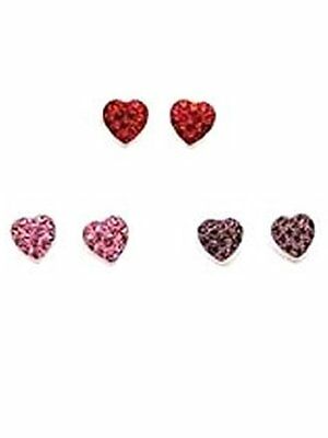 Set of 3 Pair Crystal Sterling Silver Heart Stud Earrings Red, Pink and Amethyst
