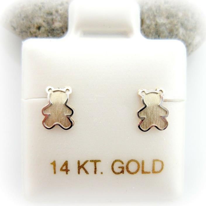 14K Solid Yellow Gold Cute Baby Teddy Bear Screw Back Children Earrings