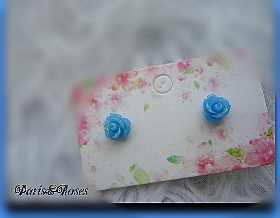 Rose Earrings studs MINIATURE Flowers GLITTERED SKY BLUE Tiny post Children
