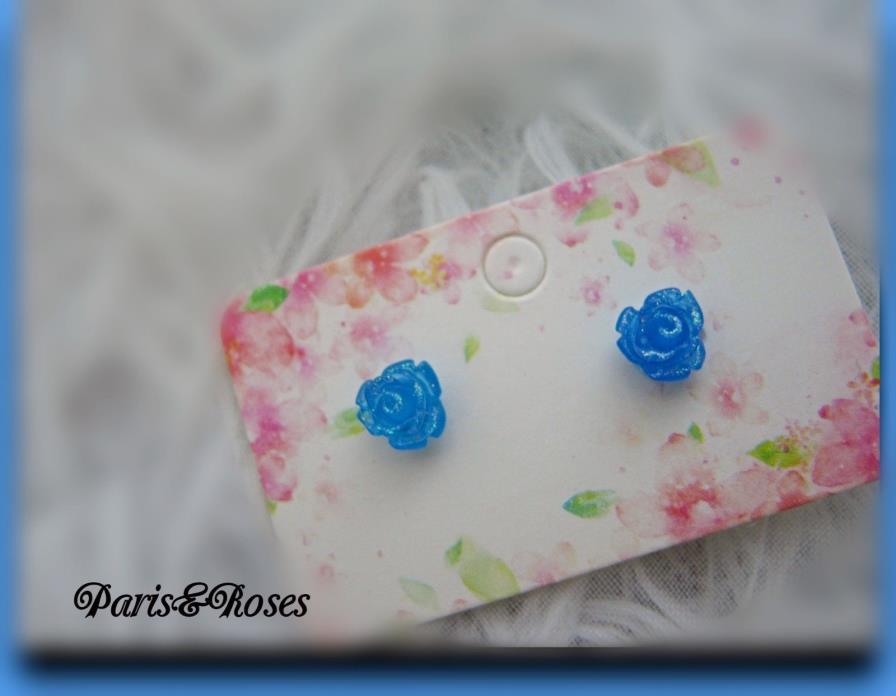 Rose Earrings studs MINIATURE Flowers GLITTERED BRIGHT BLUE Tiny post Children