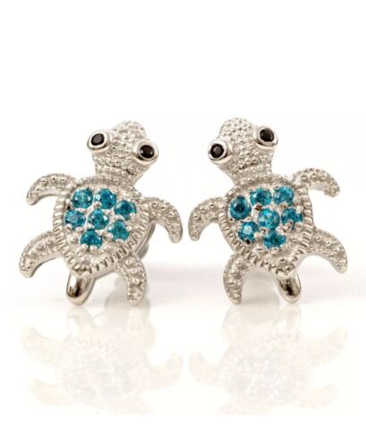 Humble Bee Boutique 925 Sterling Silver Aqua Cubic Zirconia Turtle Stud Earrings