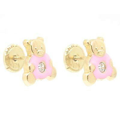 14K Y Gold Baby Children Screw-Back Teddy Bear Earrings Enamel Pink w/ Crystal