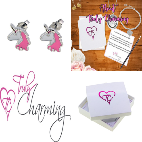 STERLING SILVER 'Believe In Unicorns' PINK & WHITE Stud Earrings Gift Boxed