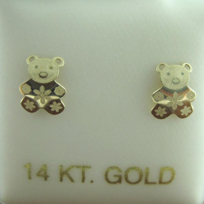 14K Solid Yellow Gold Cute 6mm Baby Teddy Bear Screw Back Children Earrings