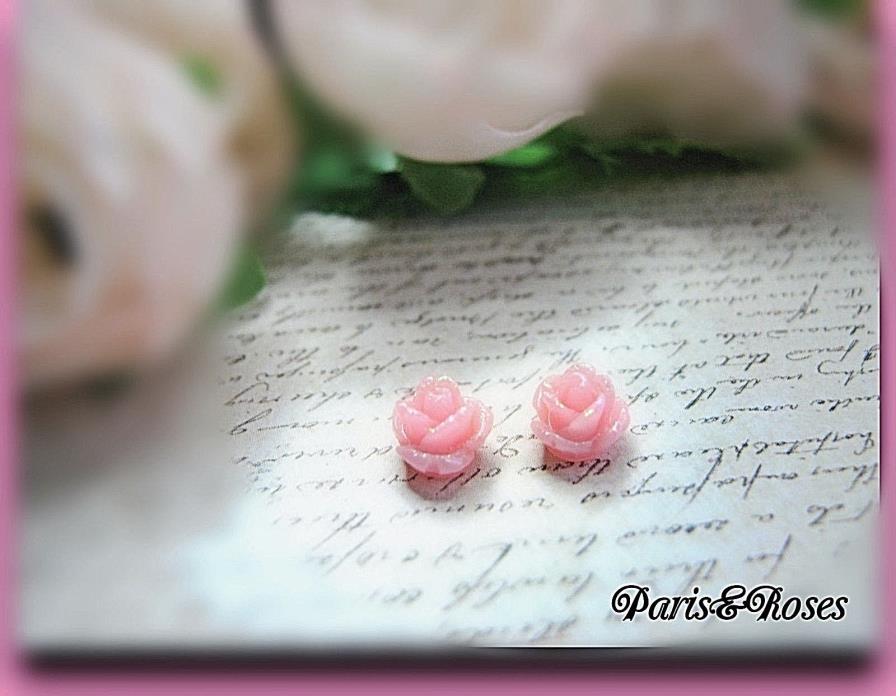 Rose Earrings studs MINIATURE Flowers GLITTERED PASTEL PINK Tiny posts Children