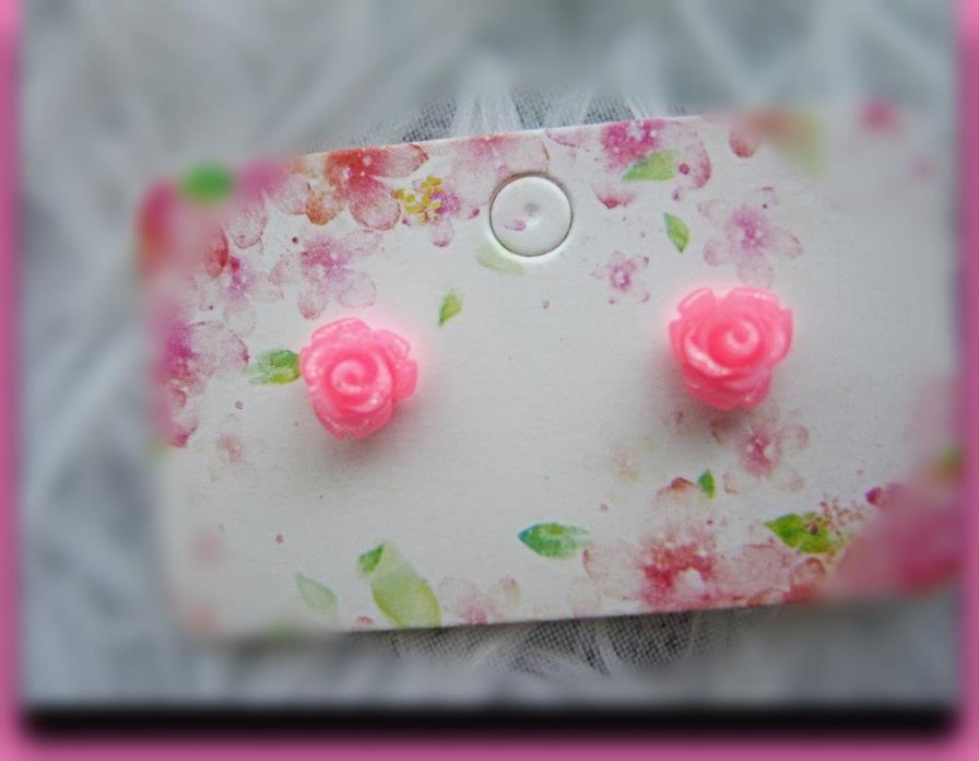 Rose Earrings studs MINIATURE Flowers GLITTERED BRIGHT PINK Tiny posts Children