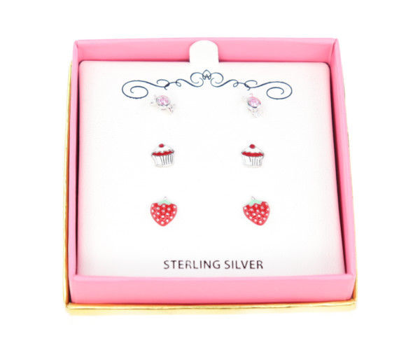 Childrens Sterling Silver/Pink Crystal Stud Earrings Dessert-Inspired Candy/Cupc