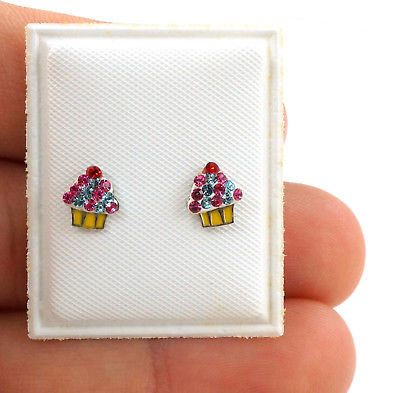 .925 Sterling Silver Cupcake Baby Girls Screwback Earrings colorful