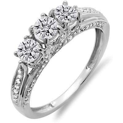 1.00 Engagement Rings Carat (ctw) 14K White Gold Diamond Vintage Bridal 3 Stone