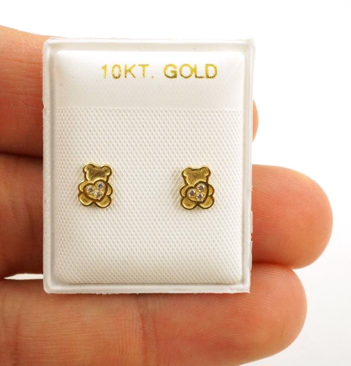 10K Yellow Gold Teddy Bear Screw Back Kids Earrings