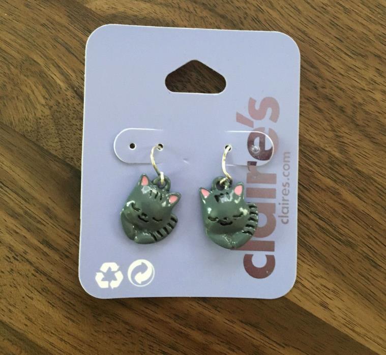 Claire's Gray and Pink Cat Drop Earrings NWT