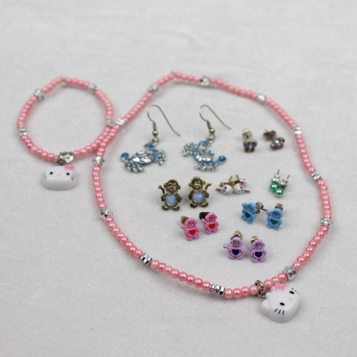 Little Girls Pierced Earring Necklace Bracelet Lot Hello Kitty Monkey Hook Post